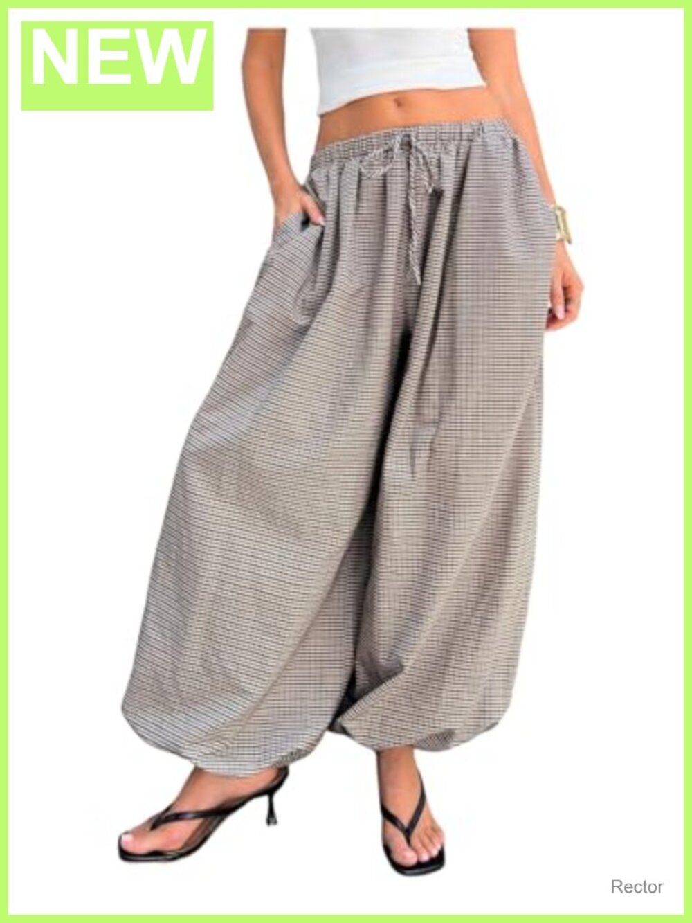 Women's Gingham Drawstring Waist Harem Pants Stretchy Casual Cropped